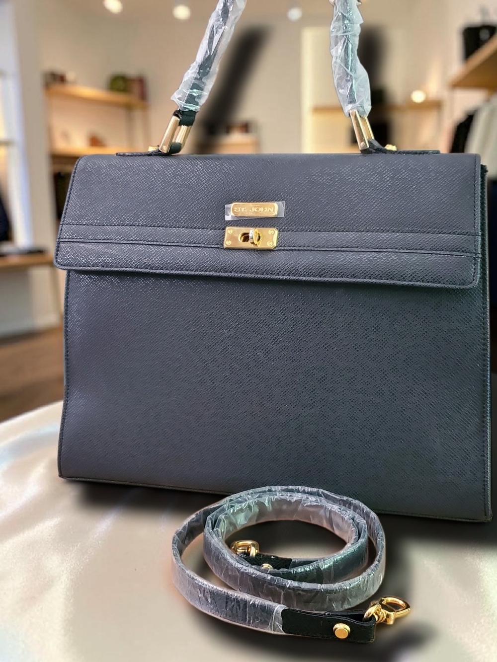 St. John Black Saffiano Leather Kelly Style Satchel Gold Hardware - Picture 2 of 16